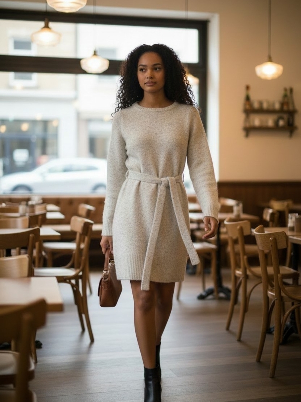 Ann Taylor Cream Knit Belted Long-Sleeve Sweater Dress